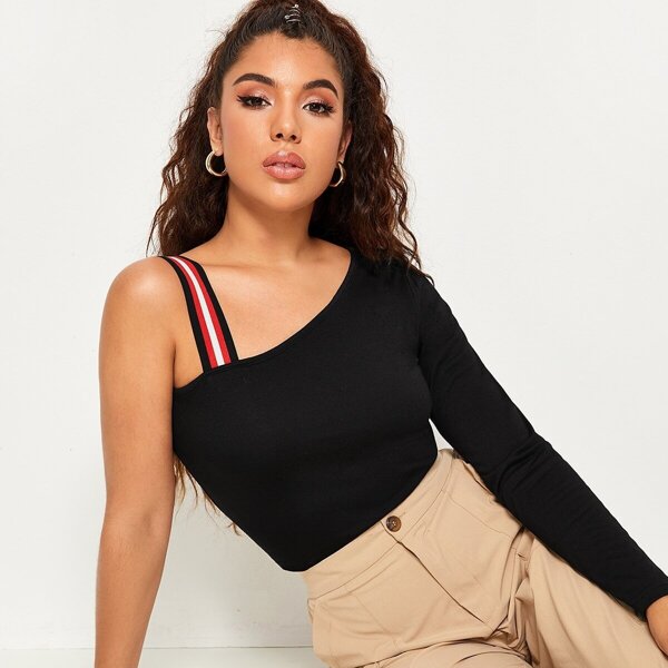 

Striped Tape Asymmetrical Neck Top