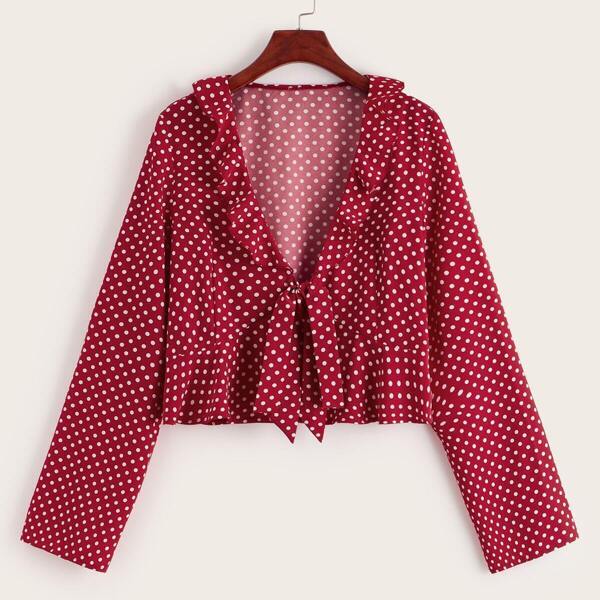 

Polka Dot Tie Front Ruffle Trim Top, Red