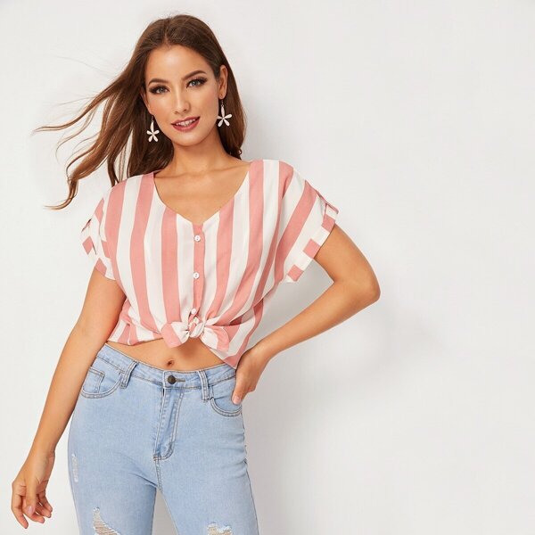 

Striped Button Front Rolled Cuff Blouse, Multicolor
