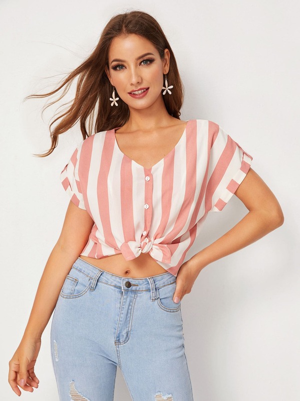 

Striped Button Front Rolled Cuff Blouse, Multicolor, Debi