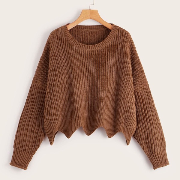 

Scallop Hem Solid Drop Shoulder Jumper