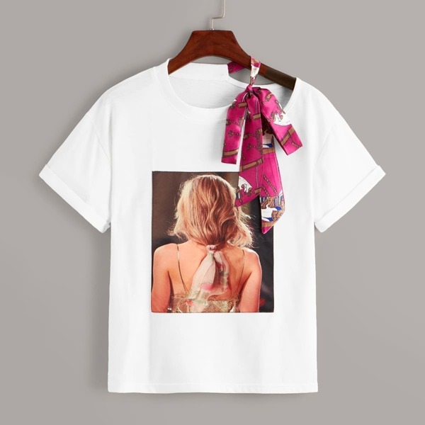 

Cut Out Tie Neck Figure Print Rolled Cuff Tee, White