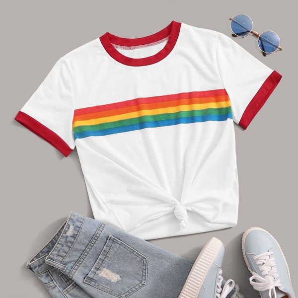 

Rainbow Stripe Ringer Tee, White