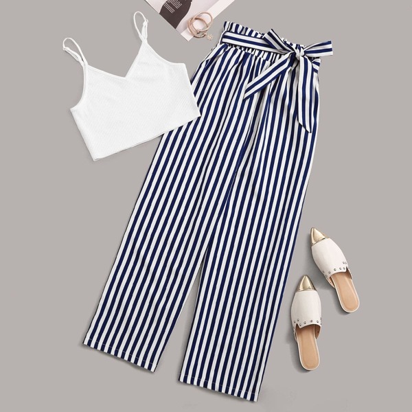 

Ribbed Solid Cami Top With Striped Belted Paperbag Pants, Multicolor