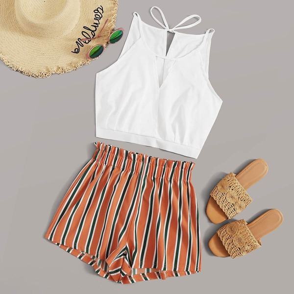 

Keyhole Neck Tie Back Solid Top With Striped Shorts, Multicolor