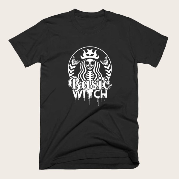 

Men Letter & Halloween Print Tee, Black