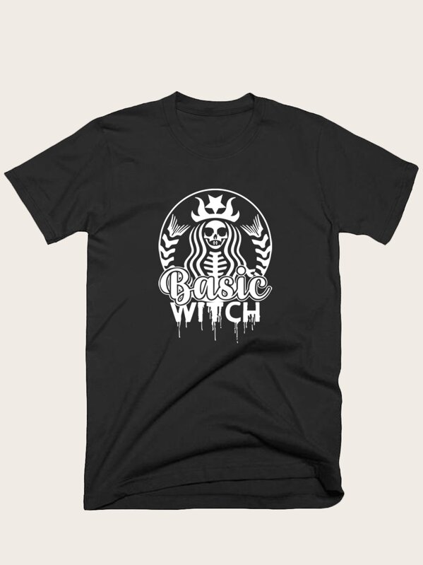 

Men Letter & Halloween Print Tee, Black