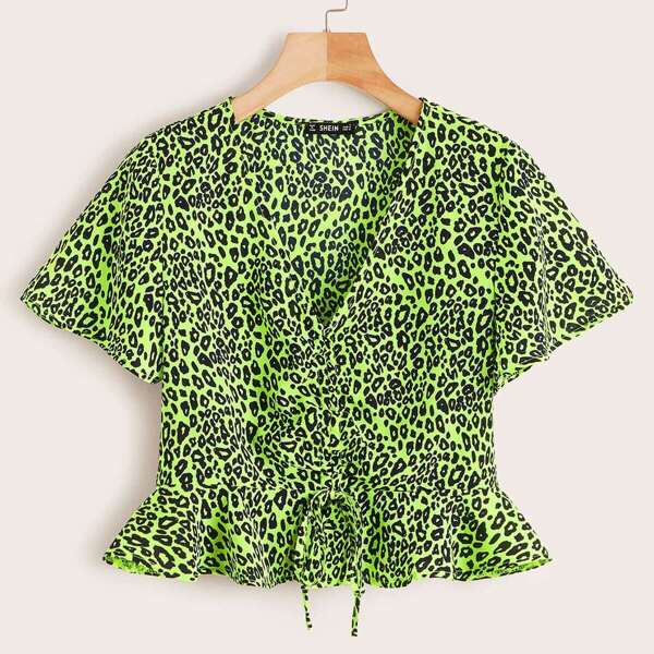 

Neon Leopard Ruffle Hem Tie Front Top