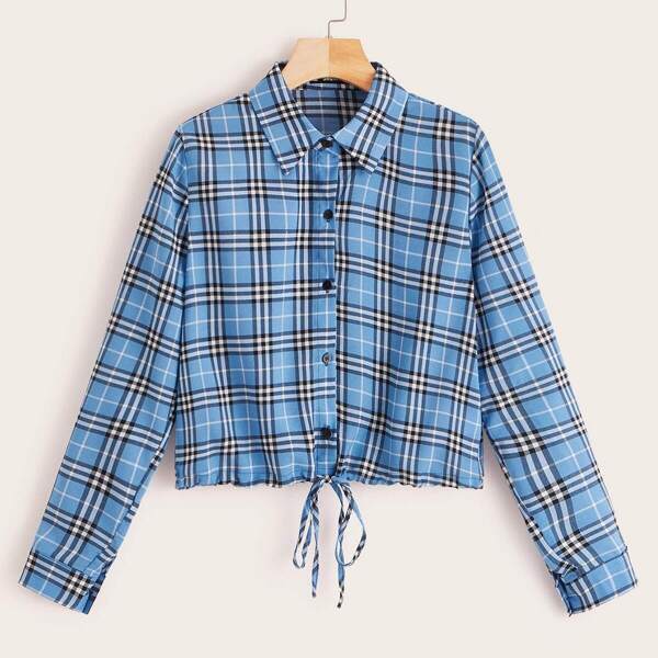 

Plaid Button Front Drawstring Detail Blouse, Blue