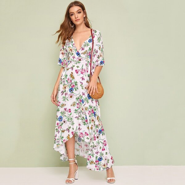 

Floral Asymmetrical Hem Split Thigh Wrap Belted Dress, Multicolor