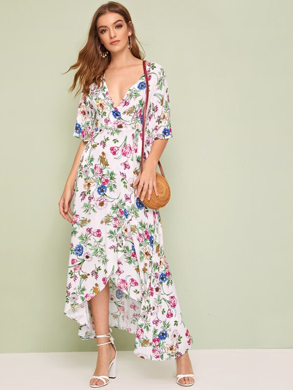 

Floral Asymmetrical Hem Split Thigh Wrap Belted Dress, Multicolor, Luiza