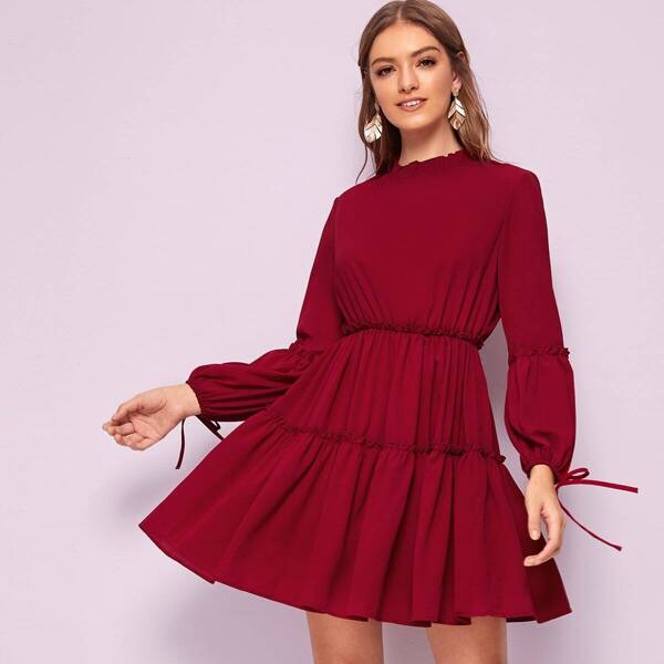 

Solid Frill Trim Tie Back Cut-out Dress