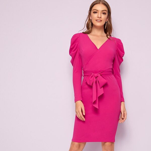 

Neon Pink Gigot Sleeve Wrap Belted Dress