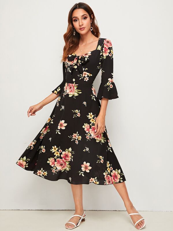 

Floral Tie Front Flounce Sleeve Dress, Black, Gabi B
