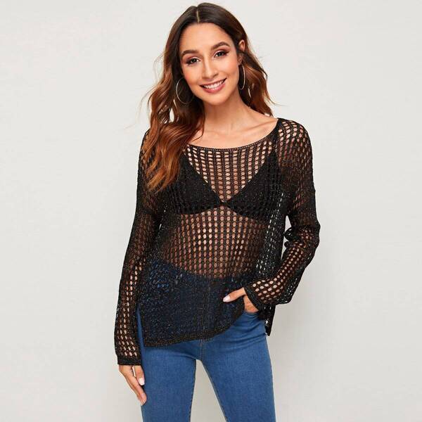 

Solid Cut-out Split Hem Sheer Knit Top Without Bra, Black