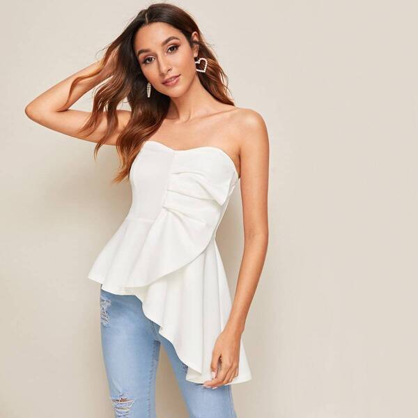 

Off Shoulder Asymmetrical Hem Ruffle Trim Top