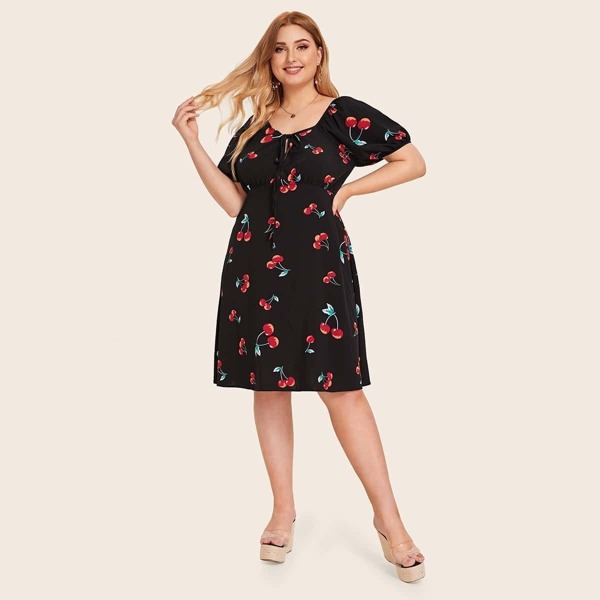 

Plus Cherry Print Tie Neck Dress, Black