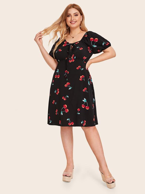 

Plus Cherry Print Tie Neck Dress, Black, Nora