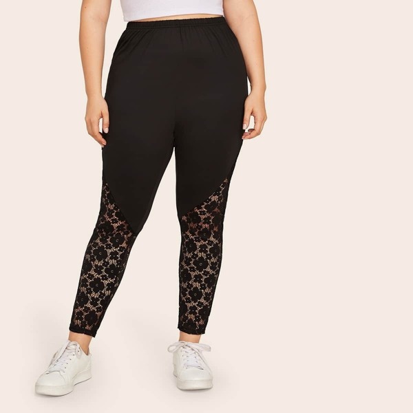 

Plus Contrast Lace Solid Skinny Leggings, Black