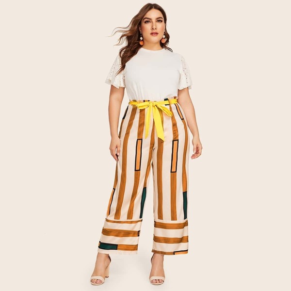 

Plus Wide Leg Striped Belted Pants, Multicolor
