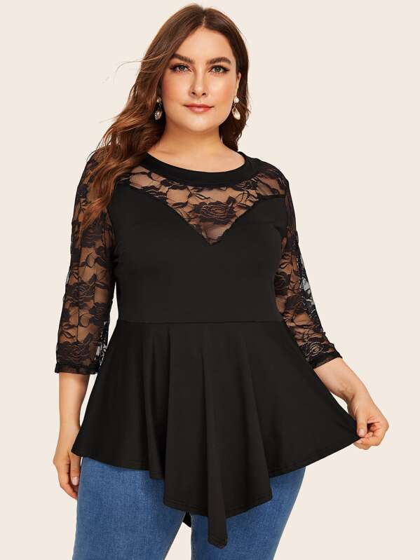 

Plus Contrast Lace Asymmetrical Ruffle Hem Blouse, Black, Franziska