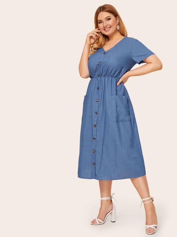 

Plus Button Through Pocket Denim Dress, Blue, Nora