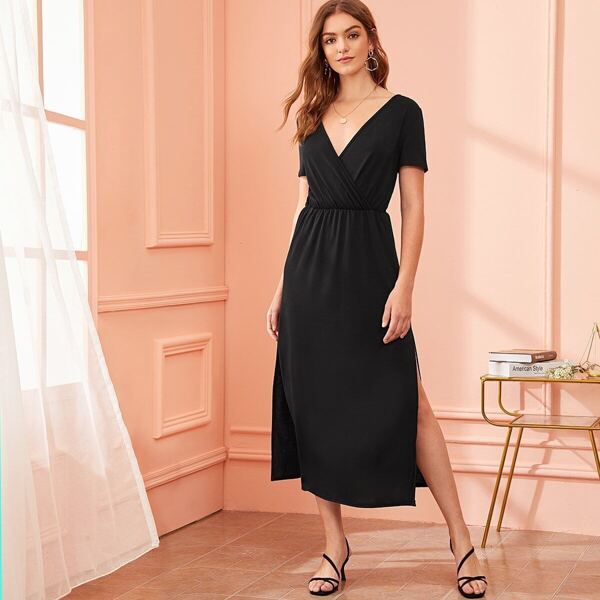 

Lace Panel Slit Hem Surplice Dress