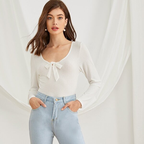 

Tie Front Scoop Neck Rib-knit Tee, White