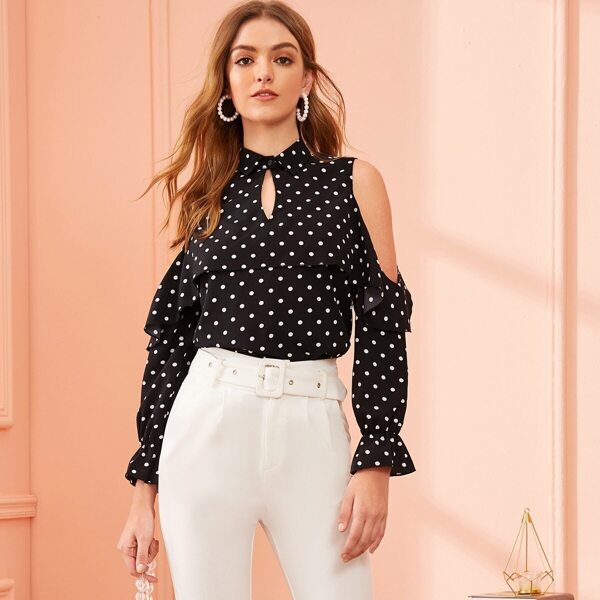 

Open Shoulder Polka Dot Ruffle Top