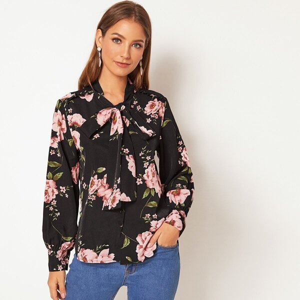 

Floral Print Tie Neck Blouse, Multicolor