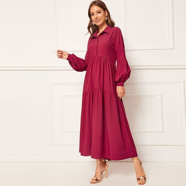 

Solid Plicated Bishop Sleeve Dress, Burgundy