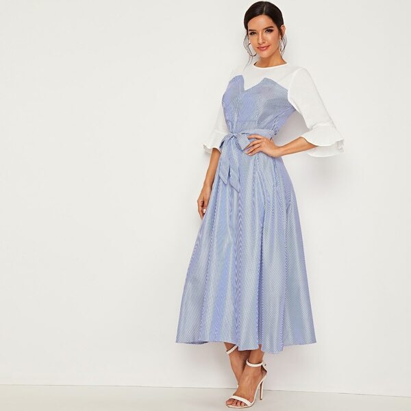

Colorblock Striped Flounce Sleeve Belted Dress