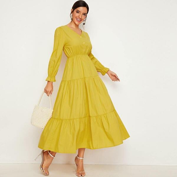 

Button Front Elastic Waist Longline Dress