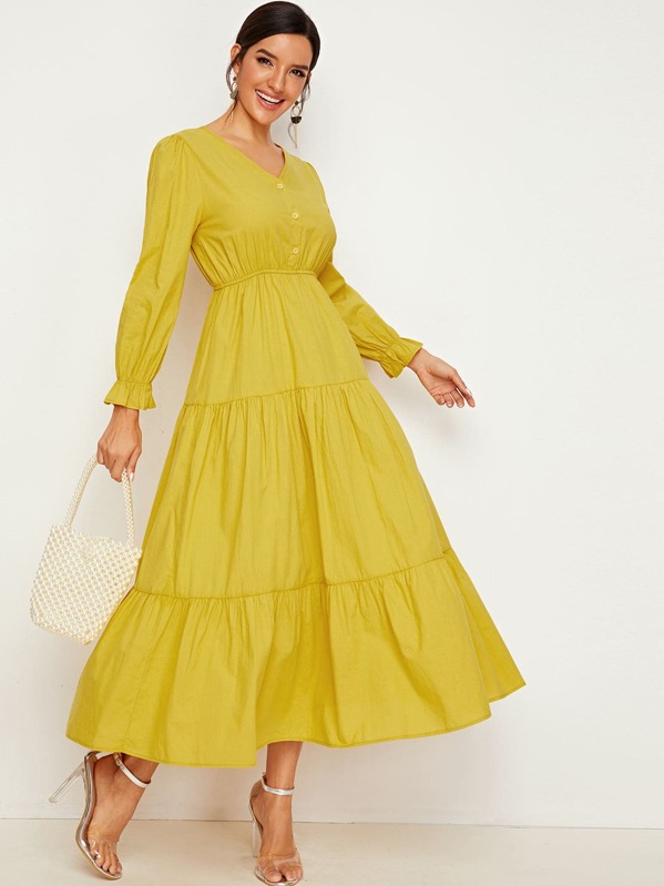 

Button Front Elastic Waist Longline Dress, Yellow, Juliana