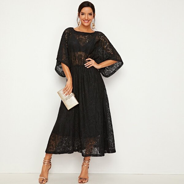 

Allover Lace Sheer Longline Dress, Black
