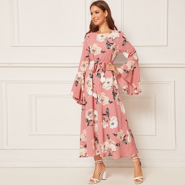 

Floral Print Belted Flounce Sleeve Dress, Pink