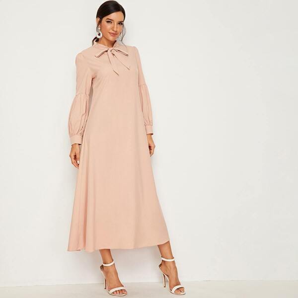 

Solid Tie Neck Bishop Sleeve Dress