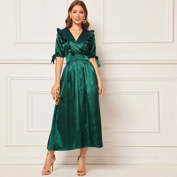 

Satin Frill Trim Tie Sleeve Dress