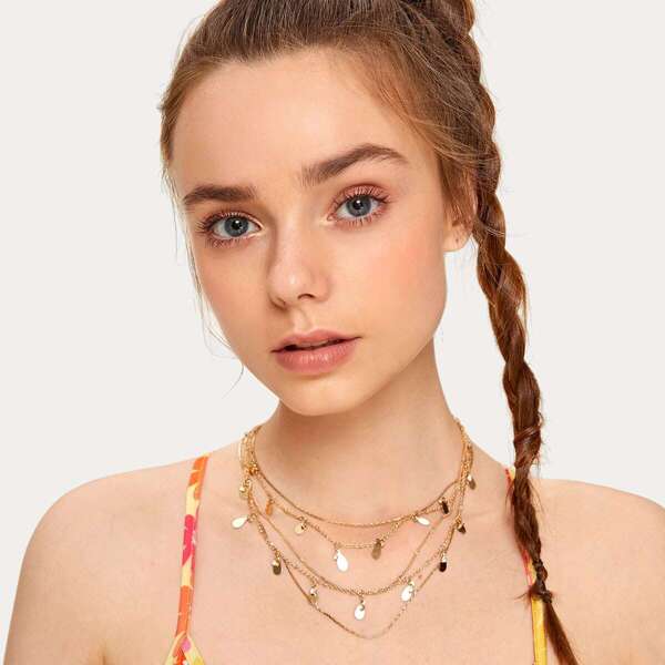 

Rhinestone & Water-drop Charm Layered Necklace 1pc