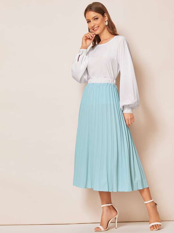 

Solid Bishop Sleeve Blouse & Pleated Skirt Set, Multicolor, Debi Cruz