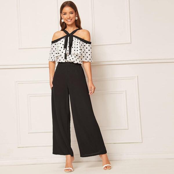 

Polka Dot Ruffle Trim Top & Pants Set