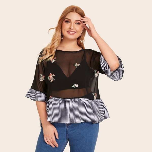 

Plus Floral Embroidery Gingham Sheer Blouse, Black