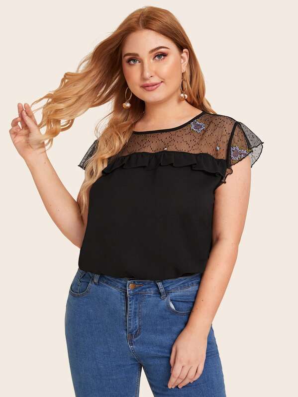 

Plus Dobby Mesh Ruffle Trim Blouse, Black, Nora