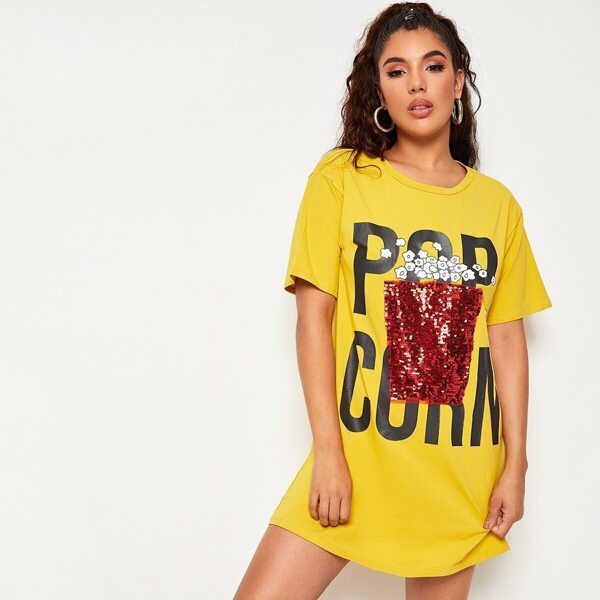 

Contrast Sequin Letter Print Tee Dress, Yellow
