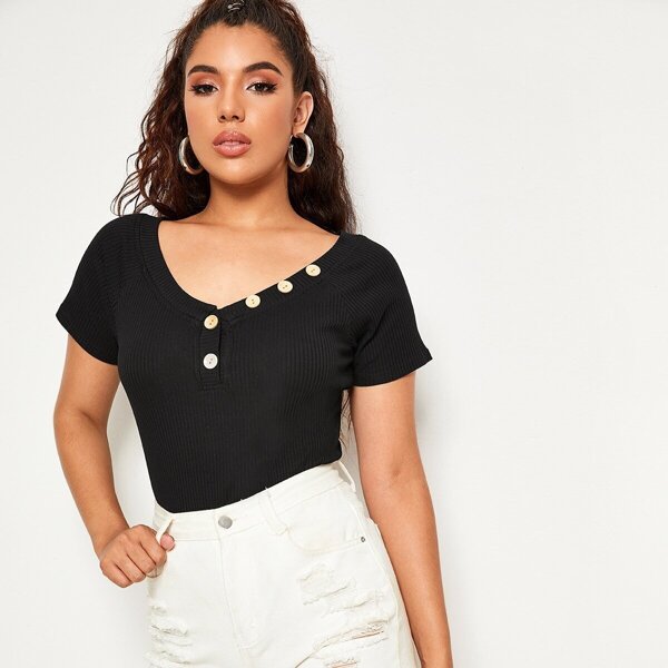 

Button Detail Rib-knit Fitted Top