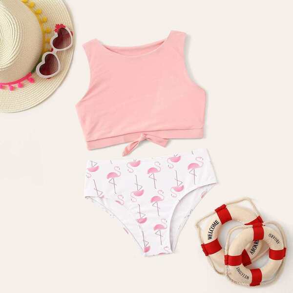 

Girls Knot Hem Top With Flamingo Print Bikini