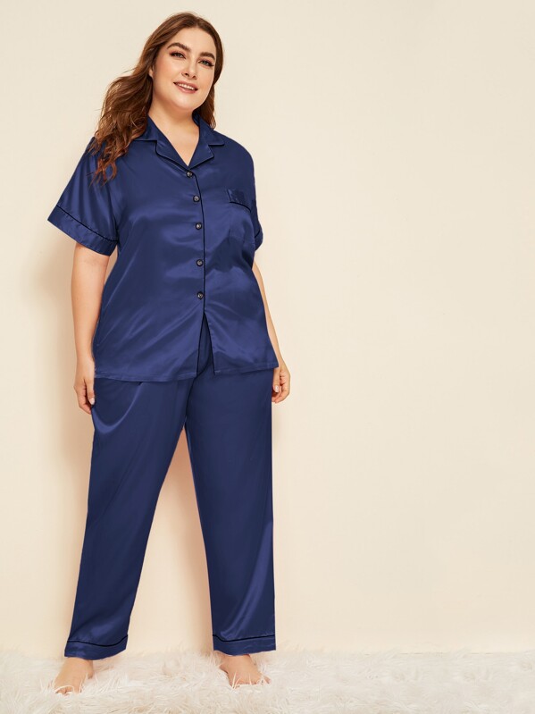 

Plus Button Front Satin Pajama Set, Navy, Franziska