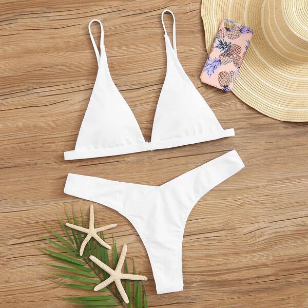 

Triangle Top With High Cut Bikini Set, White
