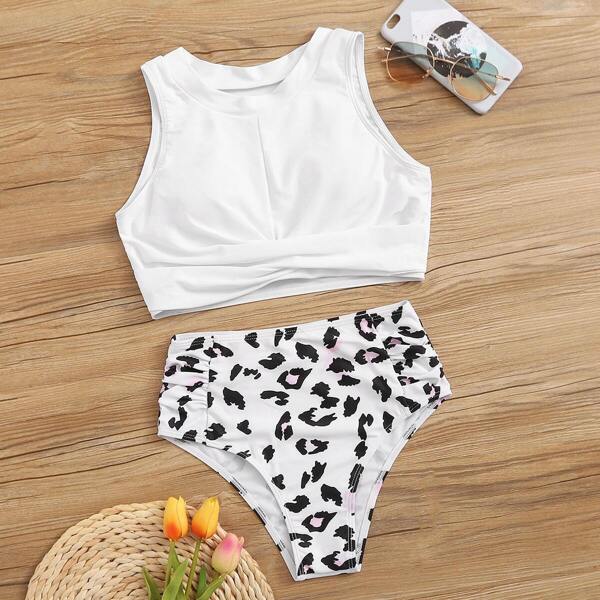 

Twist Top With Leopard High Waist Bikini Set