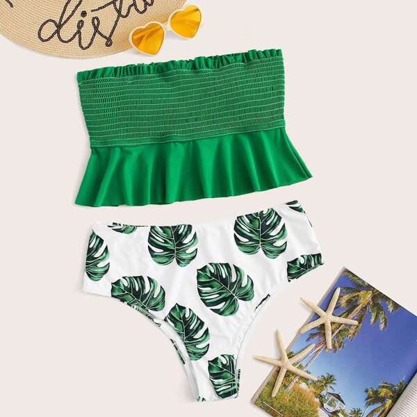 

Plus Smocked Ruffle Hem Top With Tropical Tankini, Green